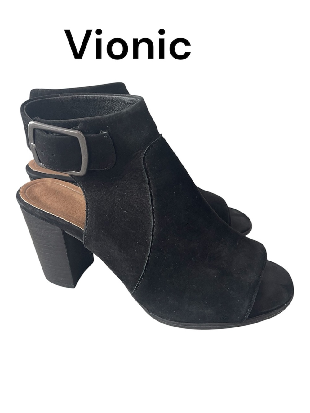 Vionic Black Suede Open-Toe Block Heel Sandal with Buckle Ankle Strap